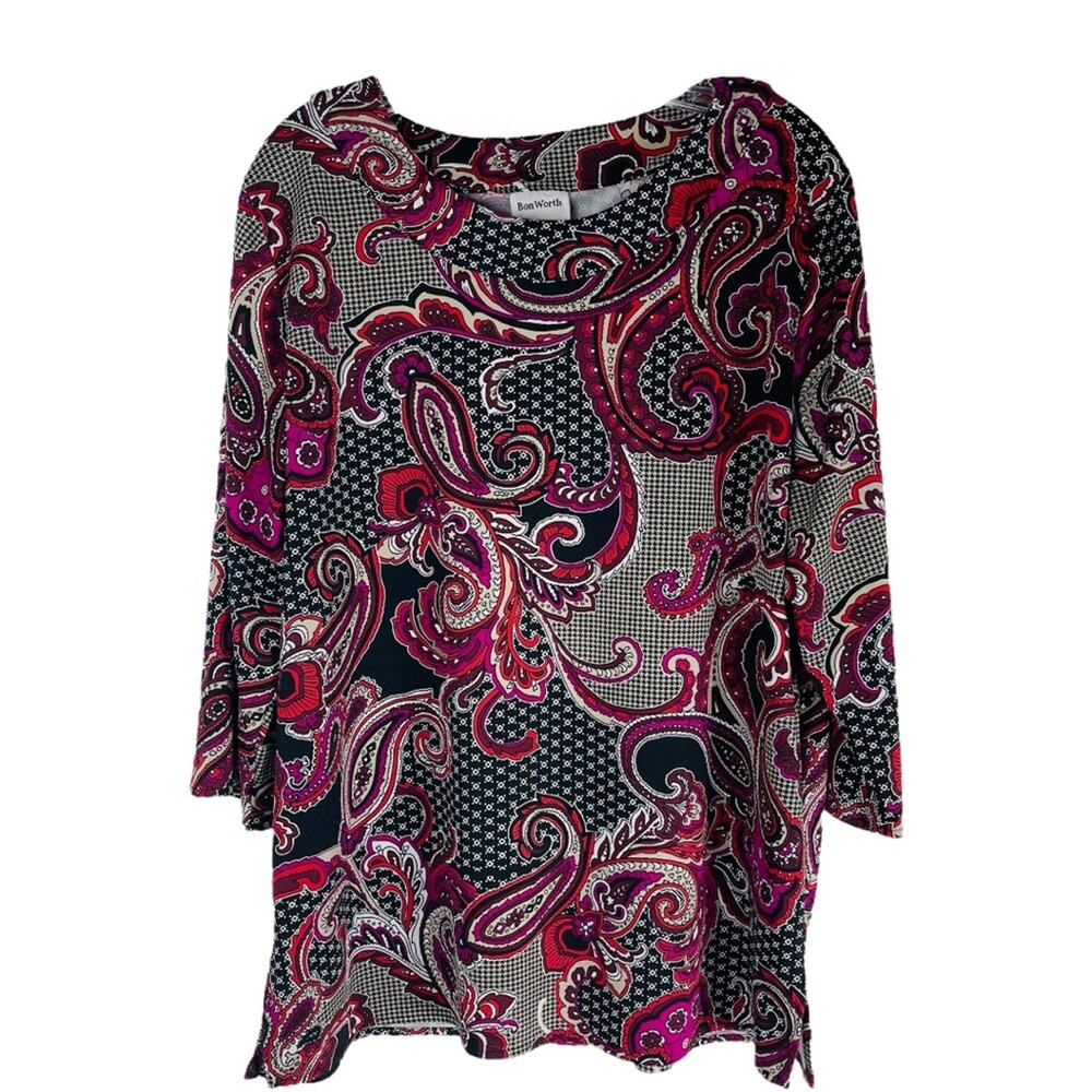 Vintage pink black paisley retro 70s stretchy top large